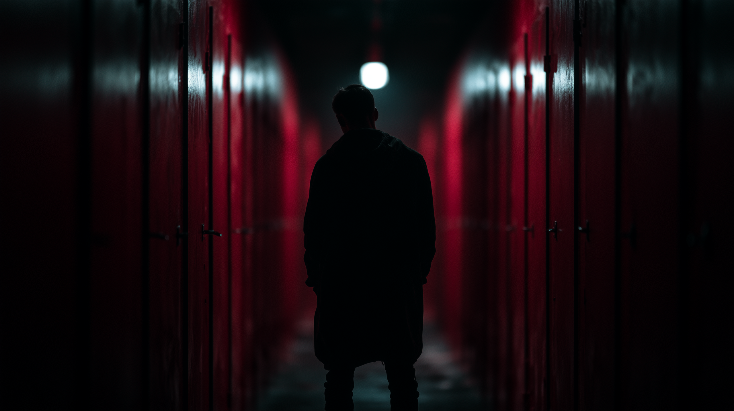 Silhouette d'un homme hésitant dans un couloir sombre éclairé de rouge, symbole de l'indécision avant de passer à la réservation