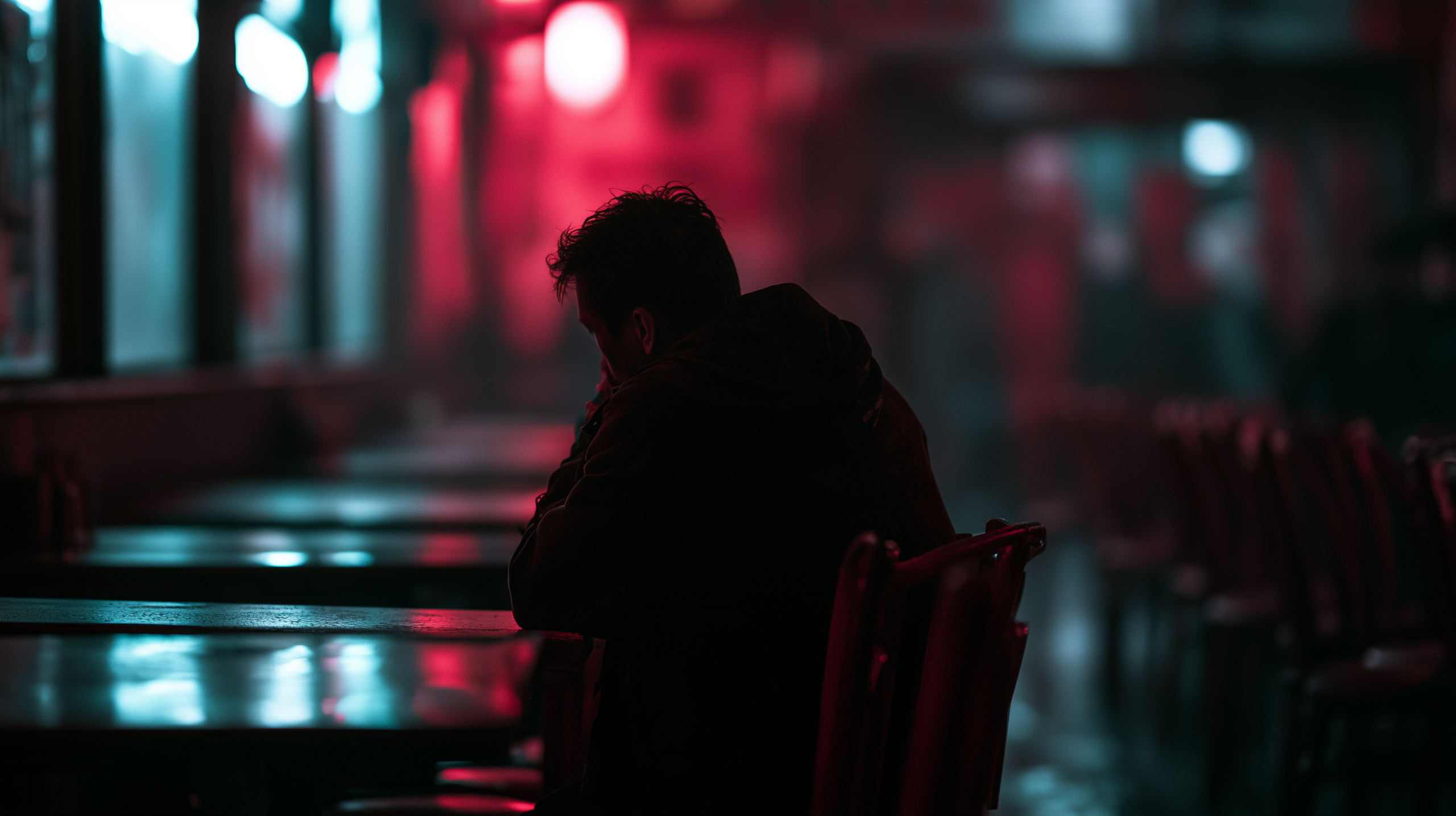 Silhouette d'un homme assis seul dans un bar ambiancé, éclairage rouge et bleu néon, symbole de la visibilité à conquérir avant la réservation